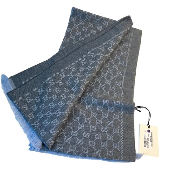 Gucci 411115 Gray and Blue 100% Wool GG Monogram Stencil Scarf - Picture 11 of 15